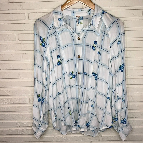 Free People White and Blue Floral Oversized Button Up Top, Women Size Small - Picture 1 of 7